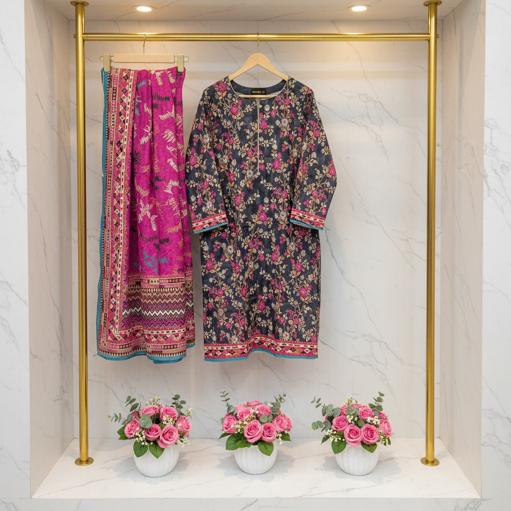 MHK Sapphire Twilight | Dark Teal & Cerise Pink Digital Floral Print Viscose Linen Shalwar Kameez Set