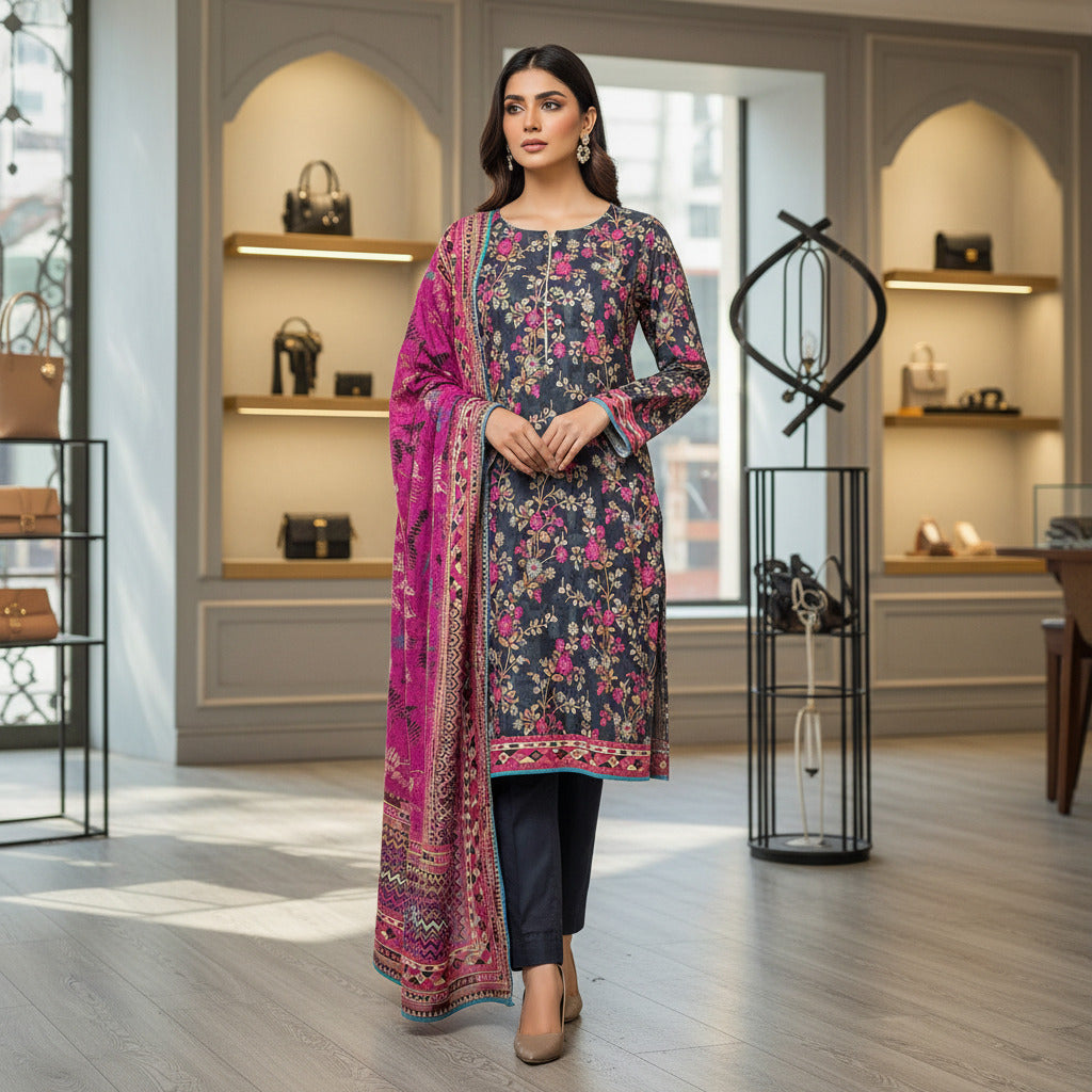 MHK Sapphire Twilight | Dark Teal & Cerise Pink Digital Floral Print Viscose Linen Shalwar Kameez Set