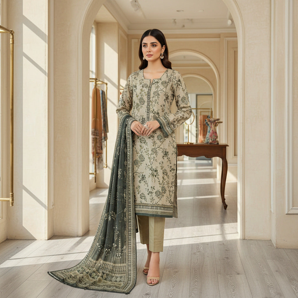 MHK Evergreen Forest | Olive & Dark Green Digital Floral Print Viscose Linen Shalwar Kameez Set