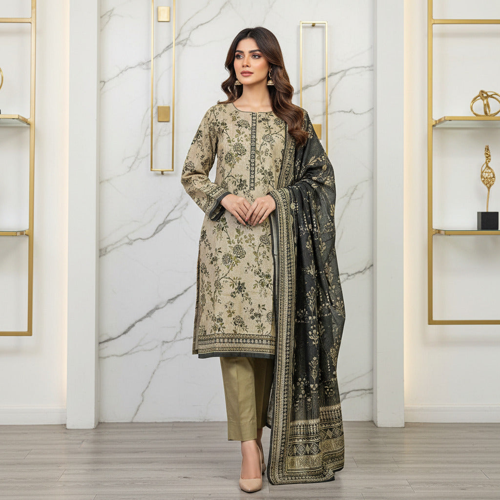 MHK Evergreen Forest | Olive & Dark Green Digital Floral Print Viscose Linen Shalwar Kameez Set
