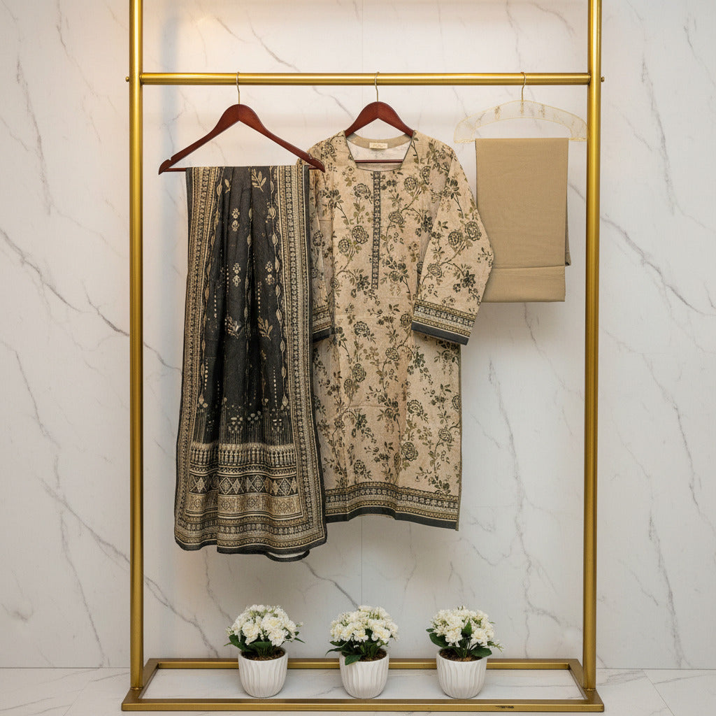 MHK Evergreen Forest | Olive & Dark Green Digital Floral Print Viscose Linen Shalwar Kameez Set