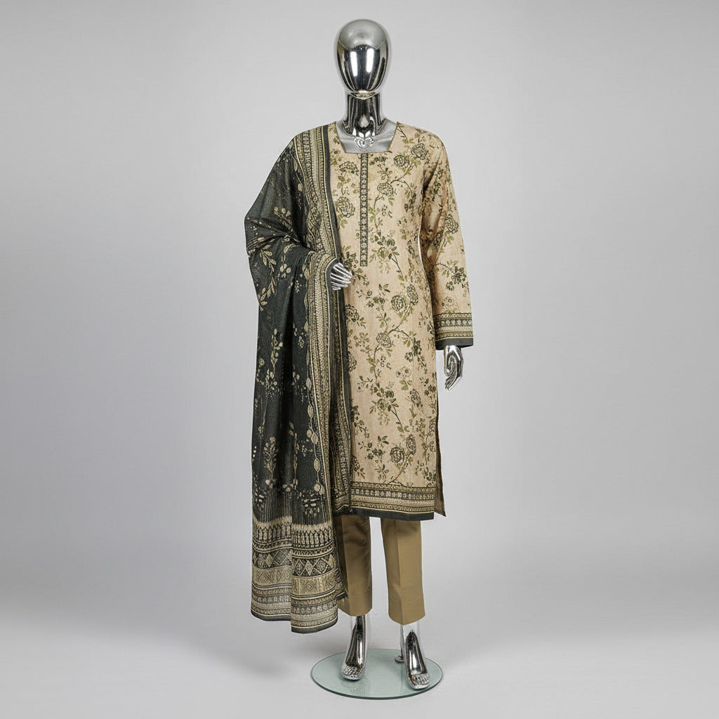 MHK Evergreen Forest | Olive & Dark Green Digital Floral Print Viscose Linen Shalwar Kameez Set