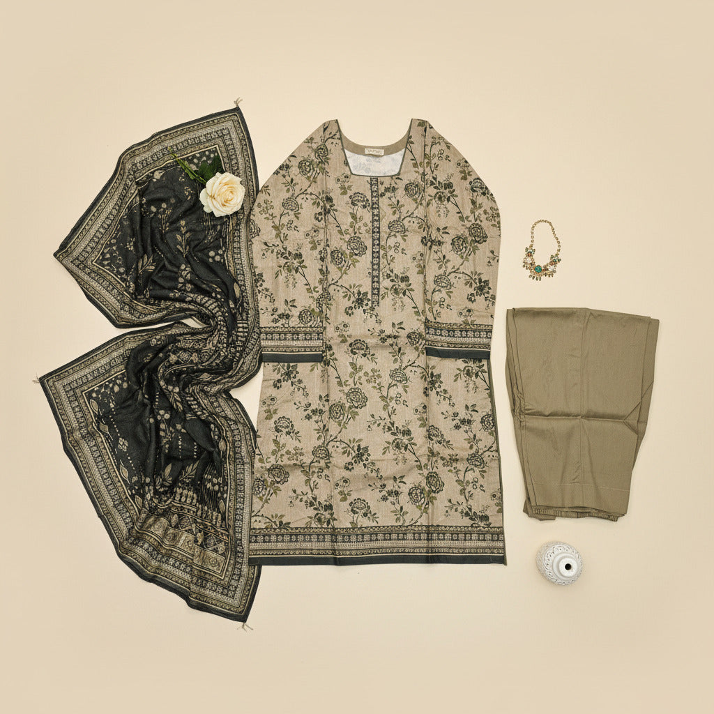 MHK Evergreen Forest | Olive & Dark Green Digital Floral Print Viscose Linen Shalwar Kameez Set