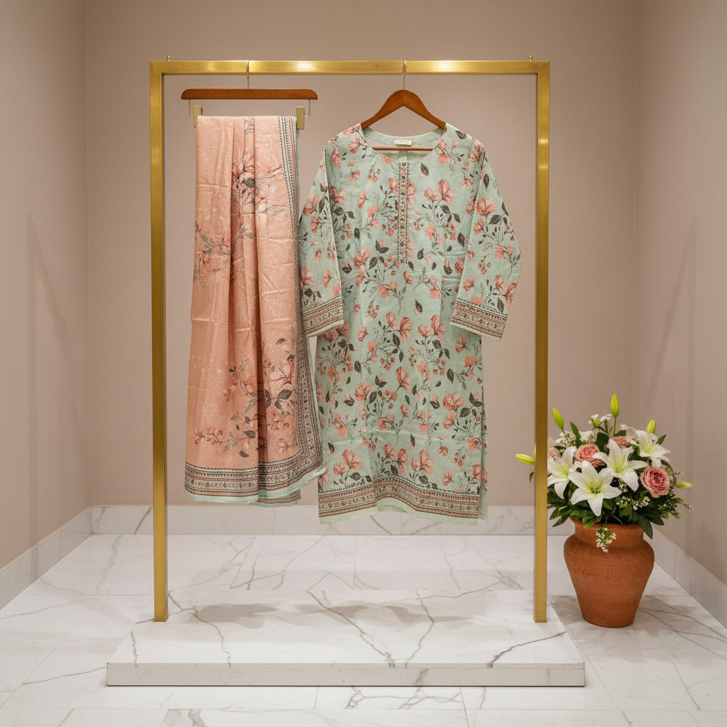 MHK Spring Orchard | Mint Green & Peach Digital Floral Print Viscose Linen Shalwar Kameez Set