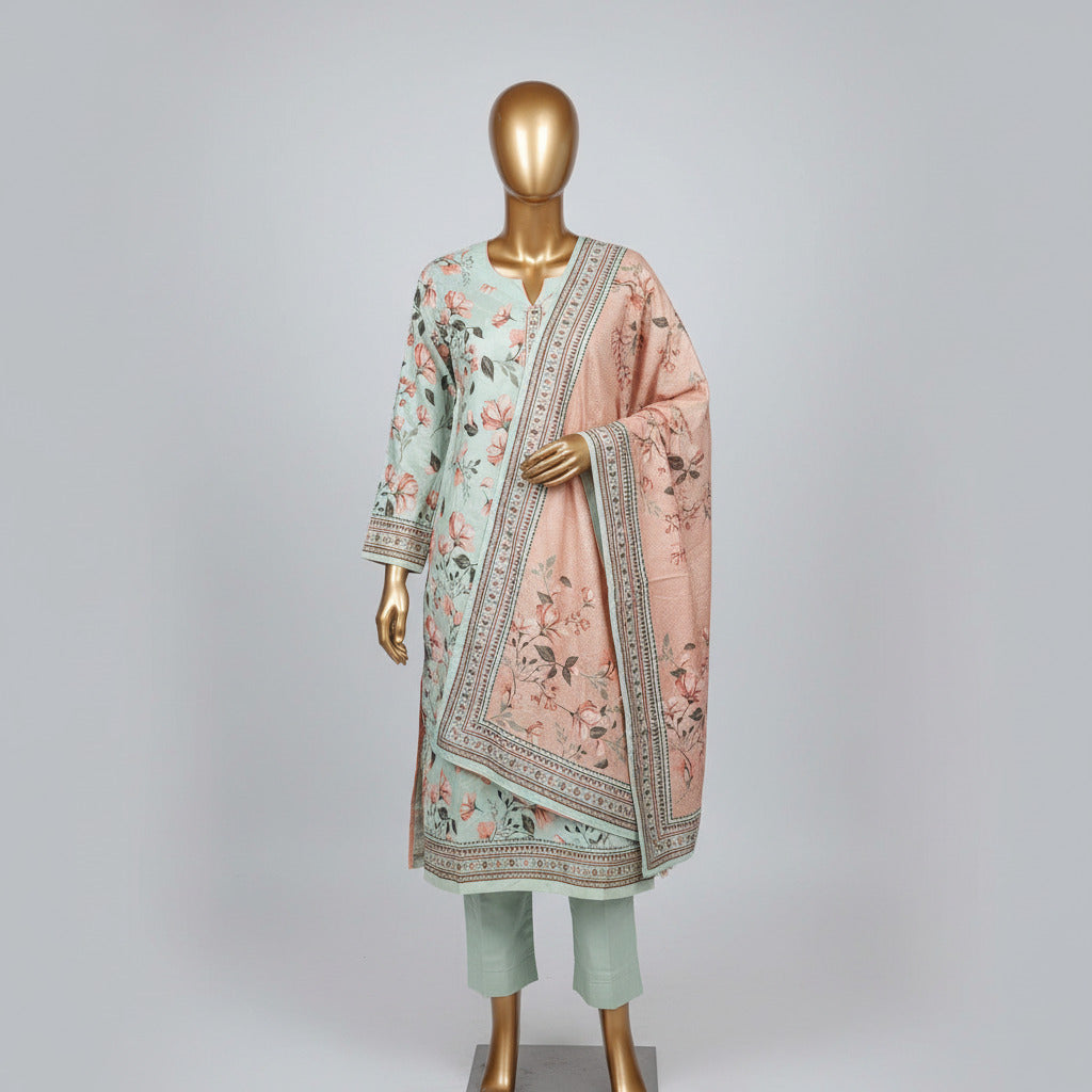 MHK Spring Orchard | Mint Green & Peach Digital Floral Print Viscose Linen Shalwar Kameez Set