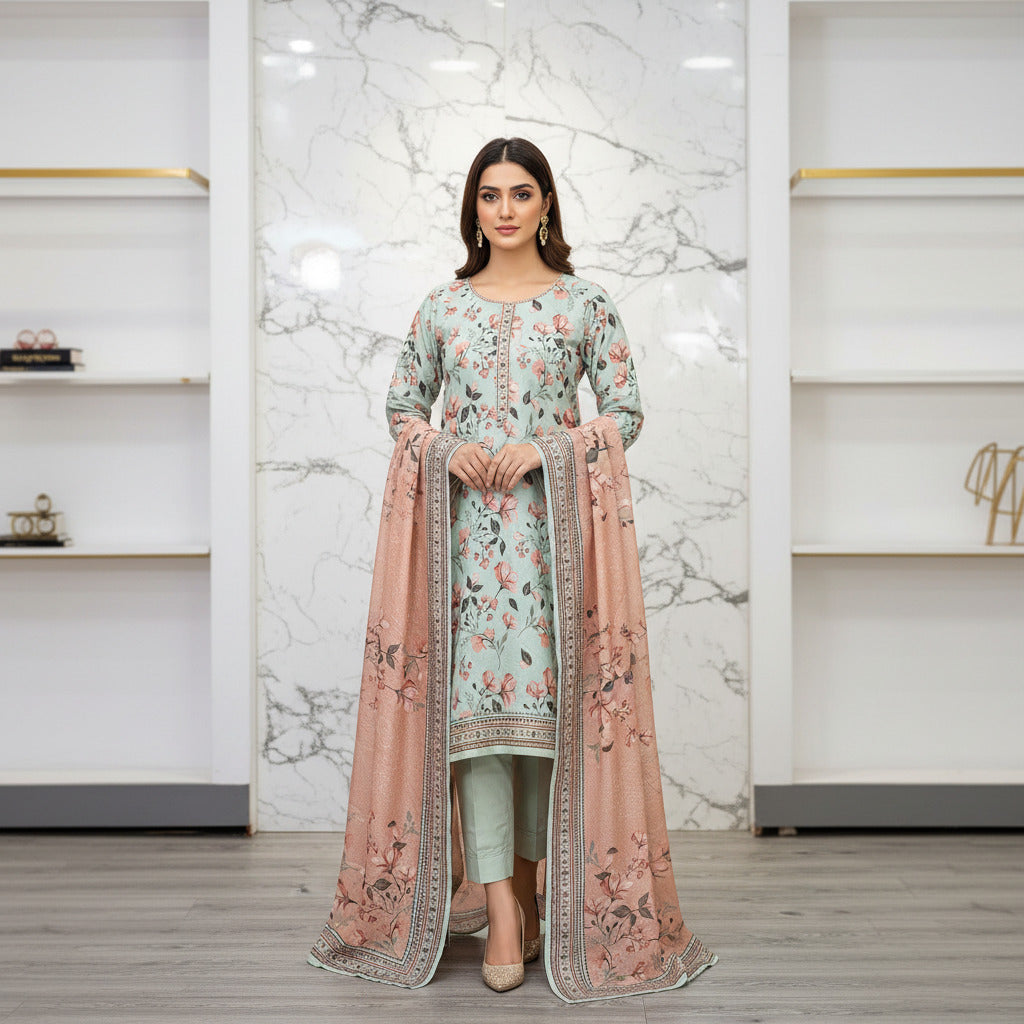 MHK Spring Orchard | Mint Green & Peach Digital Floral Print Viscose Linen Shalwar Kameez Set