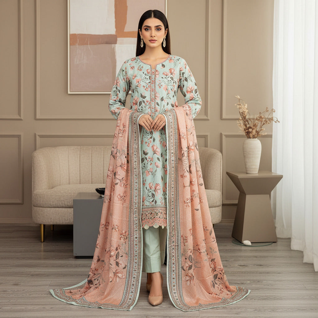 MHK Spring Orchard | Mint Green & Peach Digital Floral Print Viscose Linen Shalwar Kameez Set