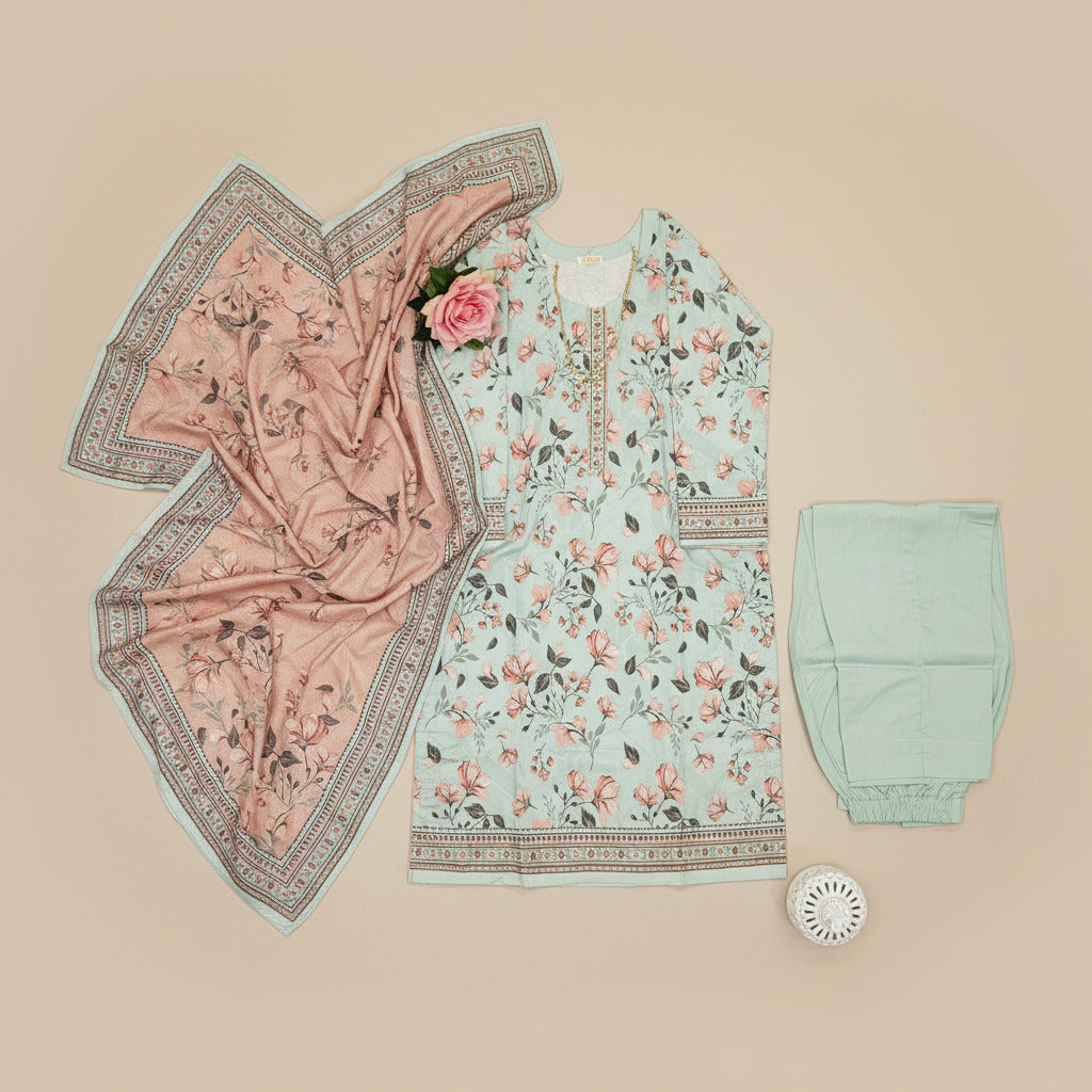 MHK Spring Orchard | Mint Green & Peach Digital Floral Print Viscose Linen Shalwar Kameez Set