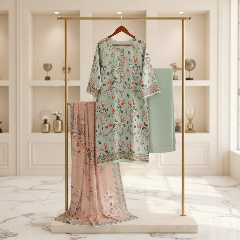 MHK Spring Orchard | Mint Green & Peach Digital Floral Print Viscose Linen Shalwar Kameez Set