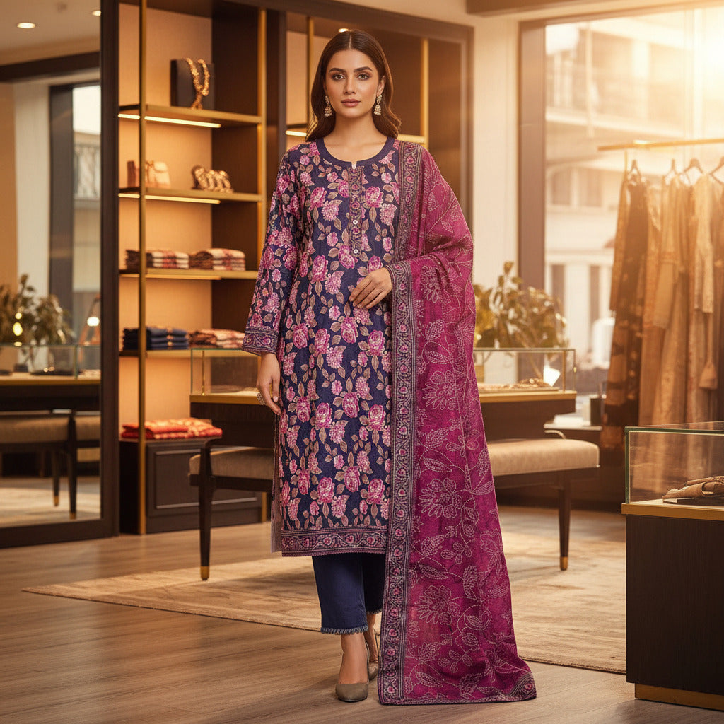 MHK Velvet Rose | Victorian Plum & Pink Digital Floral Print Viscose Linen Shalwar Kameez Set