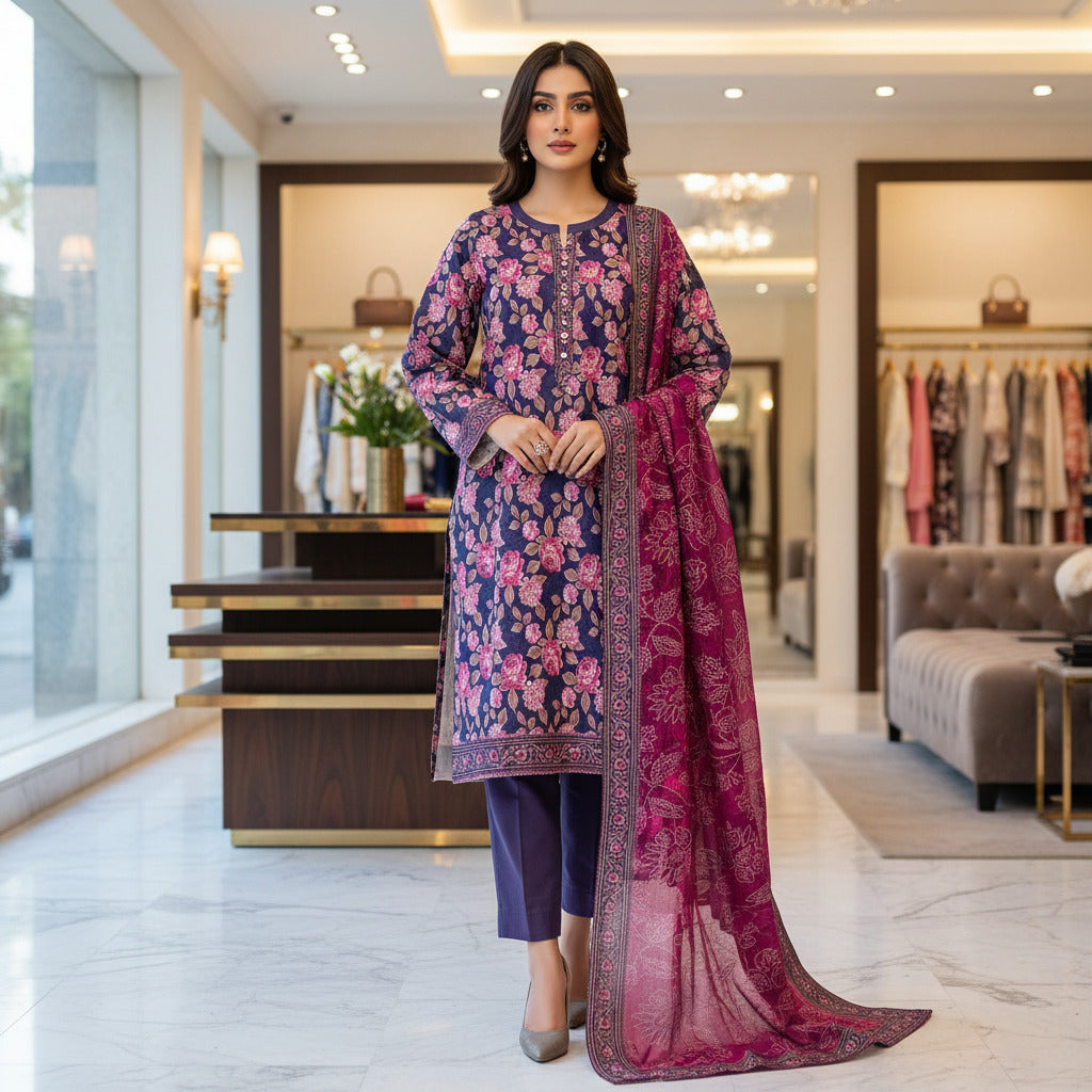 MHK Velvet Rose | Victorian Plum & Pink Digital Floral Print Viscose Linen Shalwar Kameez Set