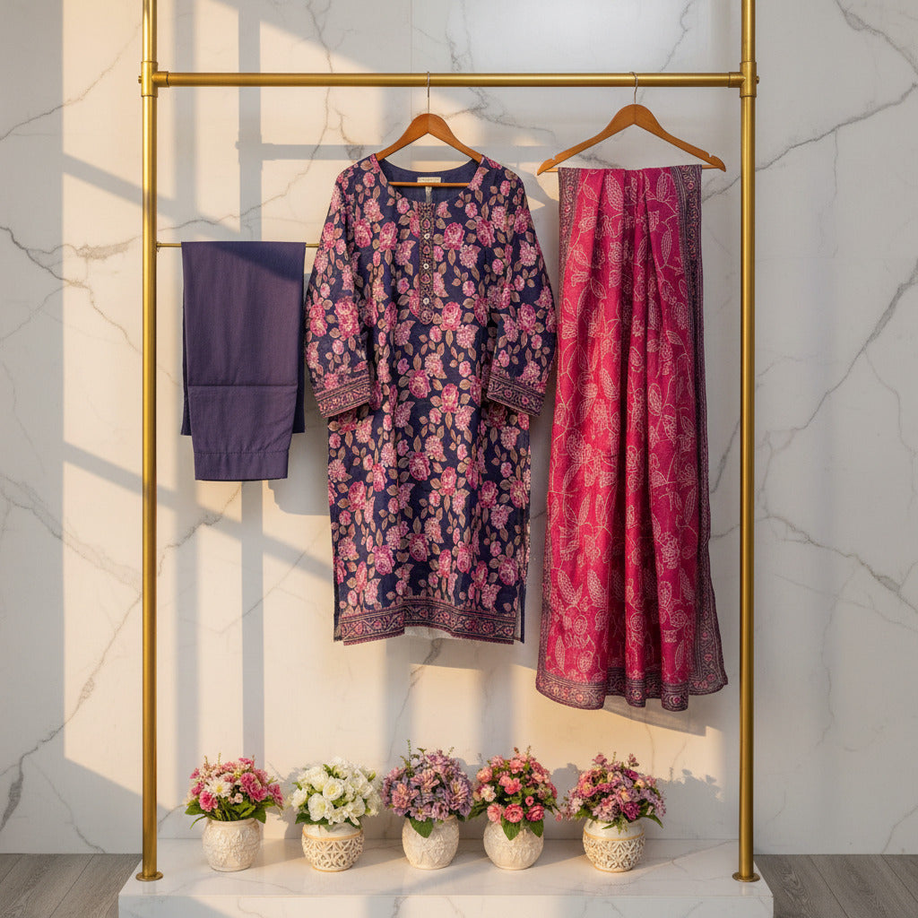 MHK Velvet Rose | Victorian Plum & Pink Digital Floral Print Viscose Linen Shalwar Kameez Set