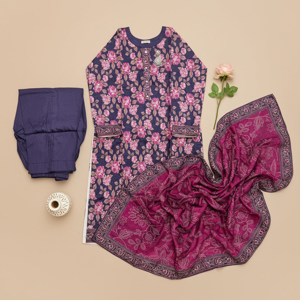 MHK Velvet Rose | Victorian Plum & Pink Digital Floral Print Viscose Linen Shalwar Kameez Set