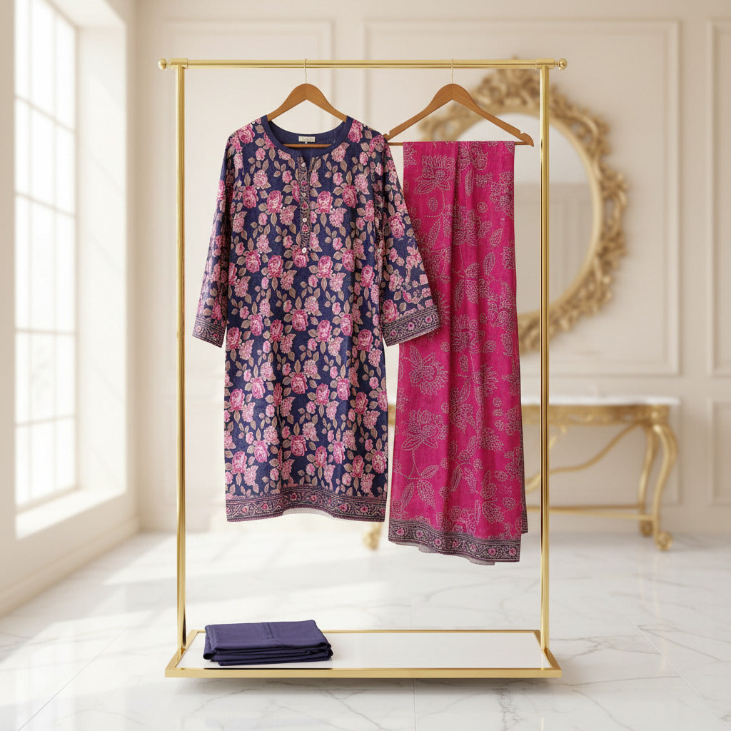 MHK Velvet Rose | Victorian Plum & Pink Digital Floral Print Viscose Linen Shalwar Kameez Set