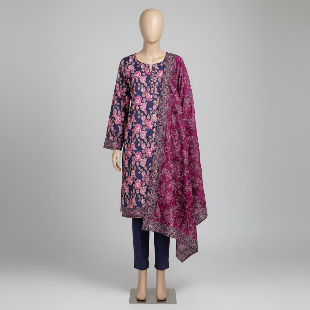 MHK Velvet Rose | Victorian Plum & Pink Digital Floral Print Viscose Linen Shalwar Kameez Set