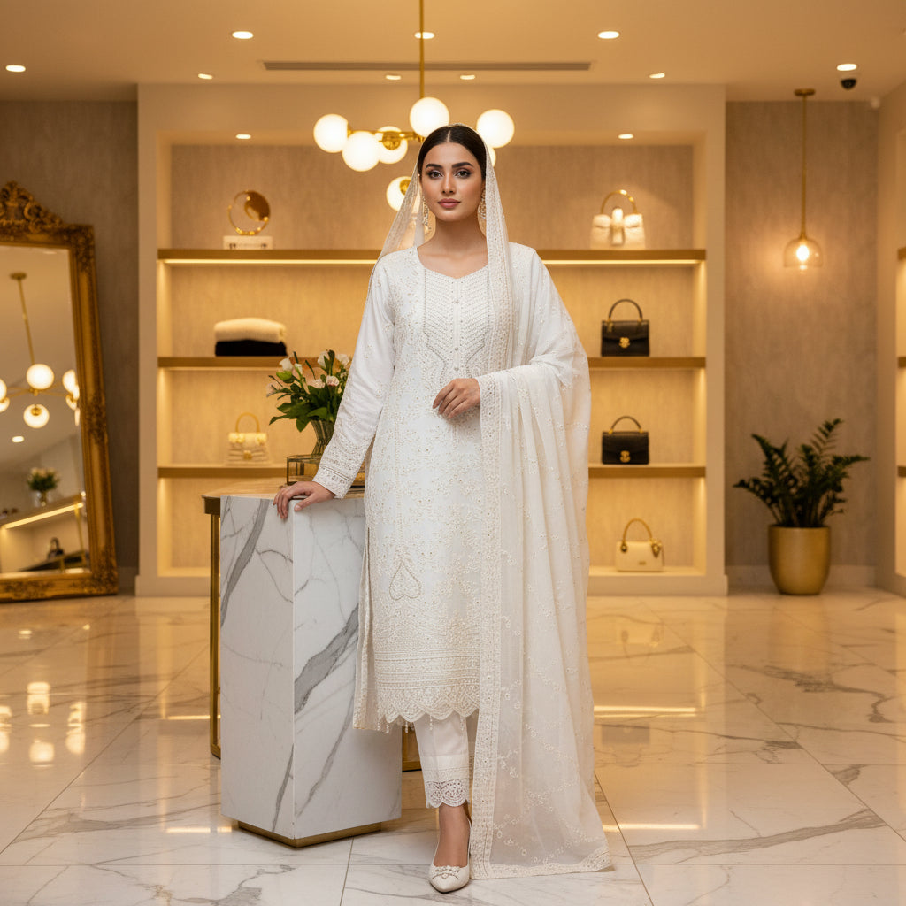 LKW Celestial Aura | White Chikan Kari & Pearl Embellished Luxury Chiffon Ensemble
