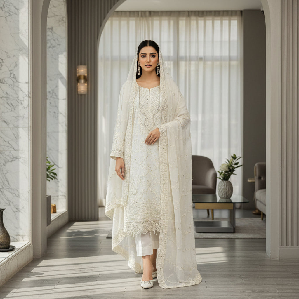 LKW Celestial Aura | White Chikan Kari & Pearl Embellished Luxury Chiffon Ensemble