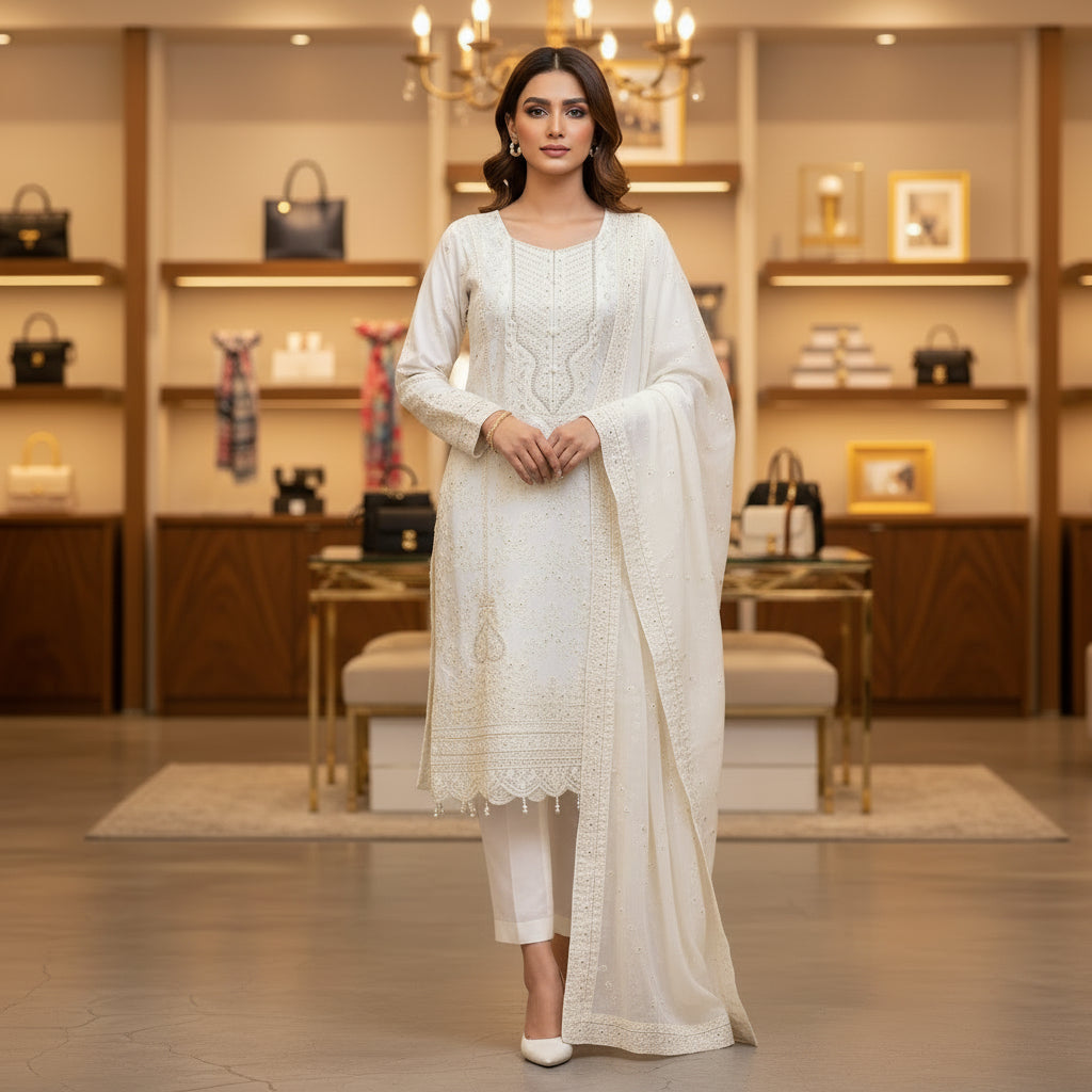 LKW Celestial Aura | White Chikan Kari & Pearl Embellished Luxury Chiffon Ensemble