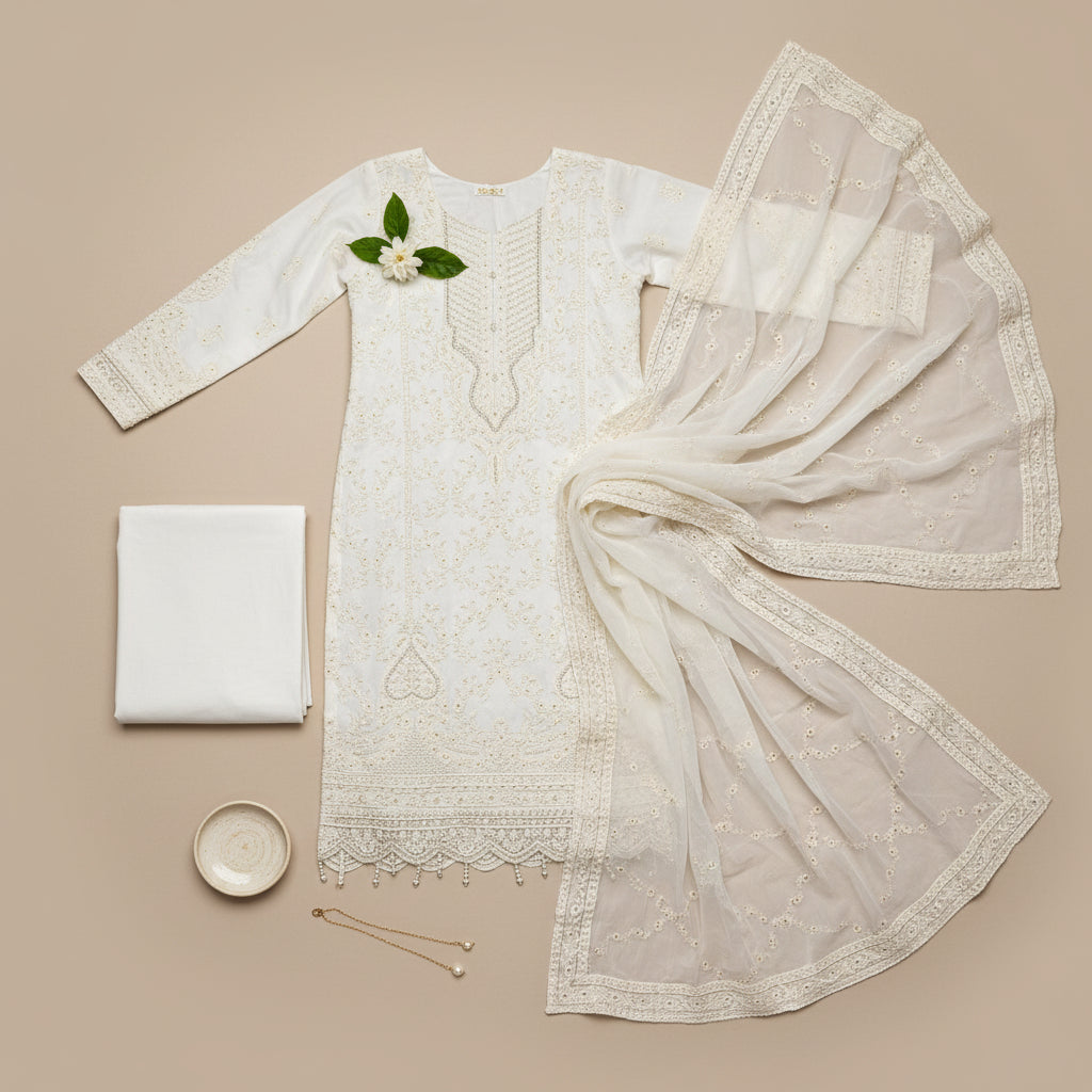 LKW Celestial Aura | White Chikan Kari & Pearl Embellished Luxury Chiffon Ensemble