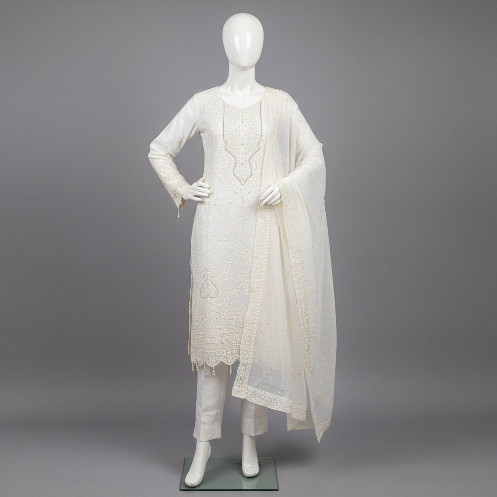 LKW Celestial Aura | White Chikan Kari & Pearl Embellished Luxury Chiffon Ensemble