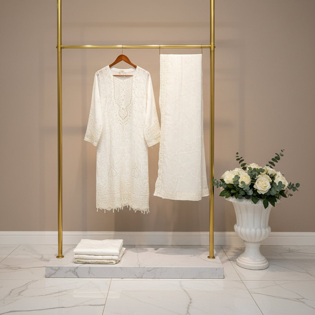 LKW Celestial Aura | White Chikan Kari & Pearl Embellished Luxury Chiffon Ensemble