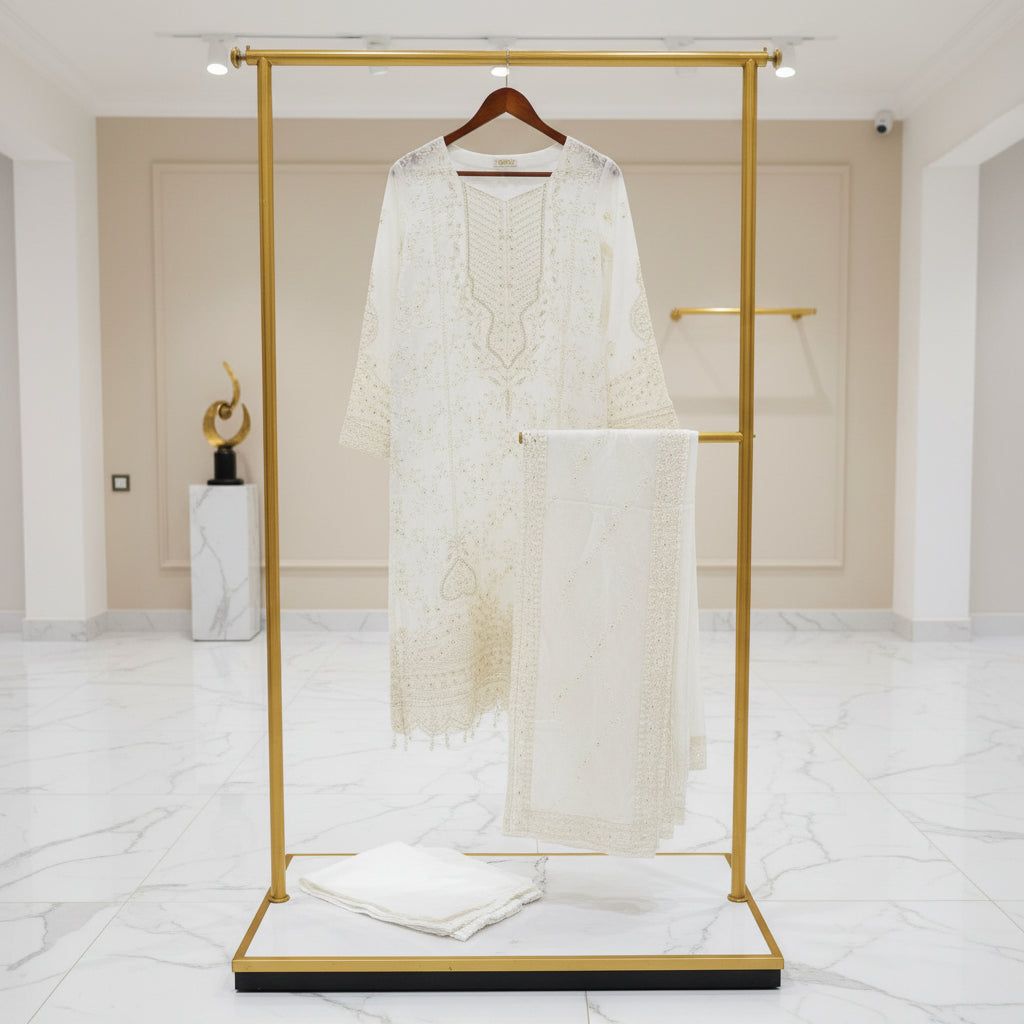 LKW Celestial Aura | White Chikan Kari & Pearl Embellished Luxury Chiffon Ensemble