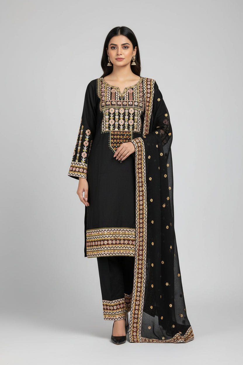 Festival Chroma | Black & Navy Linen Viscose Shalwar Kameez with Multi-Colour Embroidery