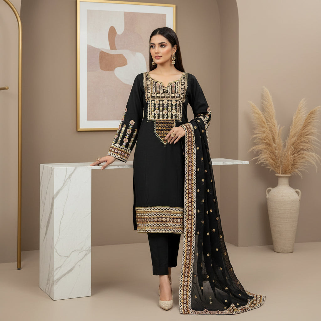 Festival Chroma | Black & Navy Linen Viscose Shalwar Kameez with Multi-Colour Embroidery