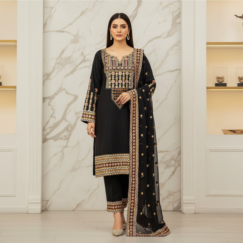 Festival Chroma | Black & Navy Linen Viscose Shalwar Kameez with Multi-Colour Embroidery
