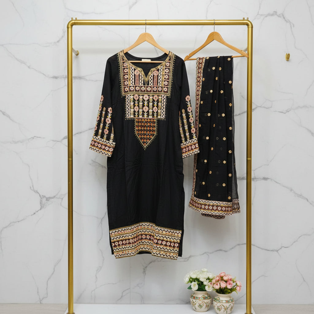 Festival Chroma | Black & Navy Linen Viscose Shalwar Kameez with Multi-Colour Embroidery