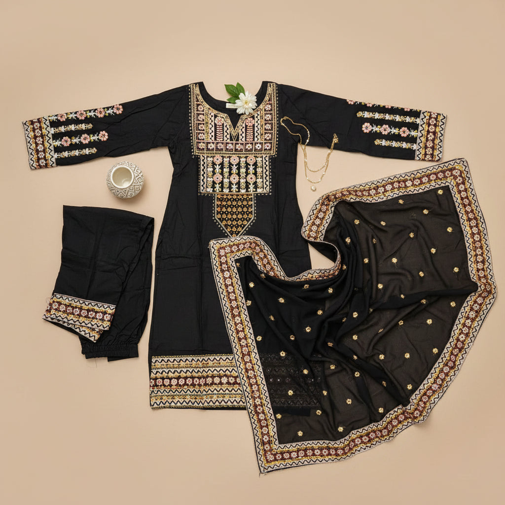 Festival Chroma | Black & Navy Linen Viscose Shalwar Kameez with Multi-Colour Embroidery