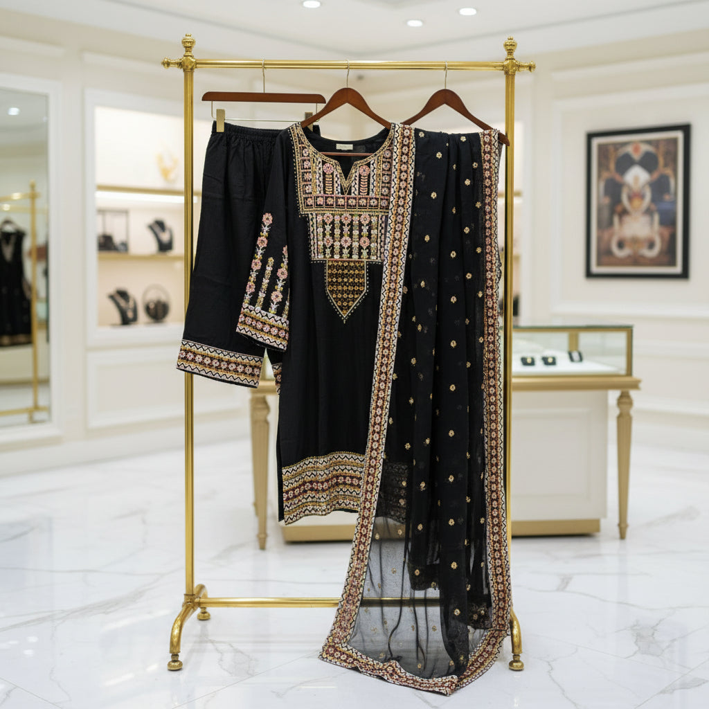 Festival Chroma | Black & Navy Linen Viscose Shalwar Kameez with Multi-Colour Embroidery