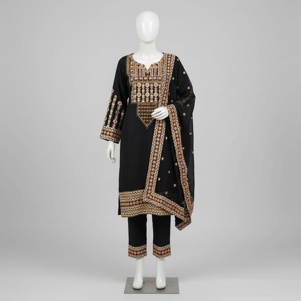 Festival Chroma | Black & Navy Linen Viscose Shalwar Kameez with Multi-Colour Embroidery