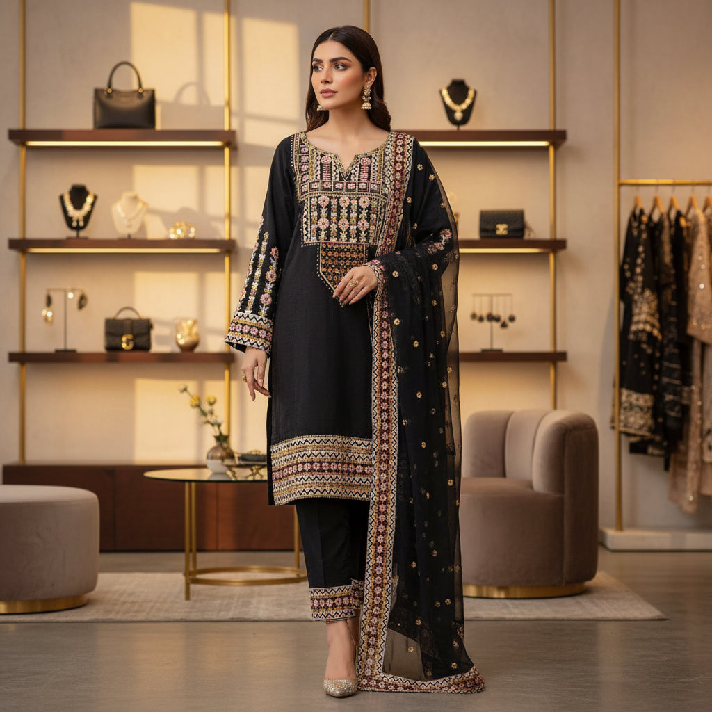 Festival Chroma | Black & Navy Linen Viscose Shalwar Kameez with Multi-Colour Embroidery