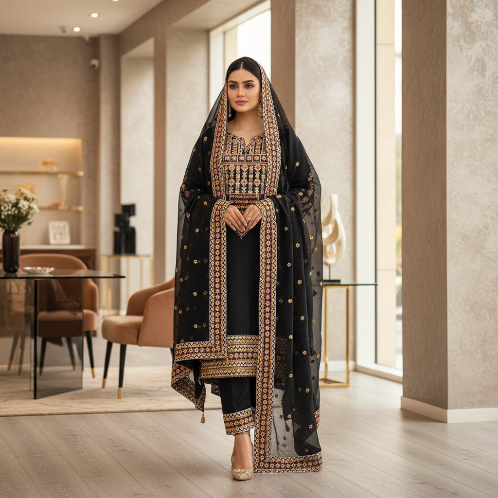Festival Chroma | Black & Navy Linen Viscose Shalwar Kameez with Multi-Colour Embroidery