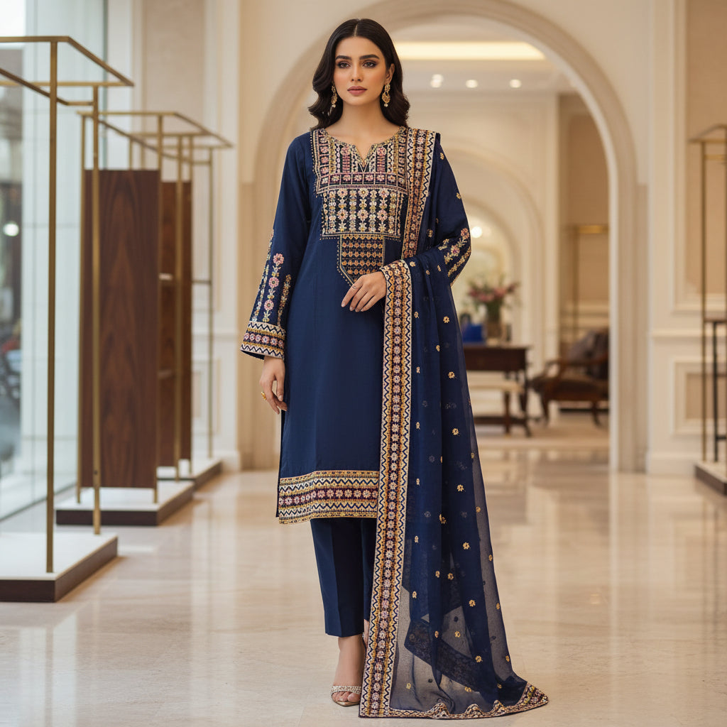 Festival Chroma | Black & Navy Linen Viscose Shalwar Kameez with Multi-Colour Embroidery