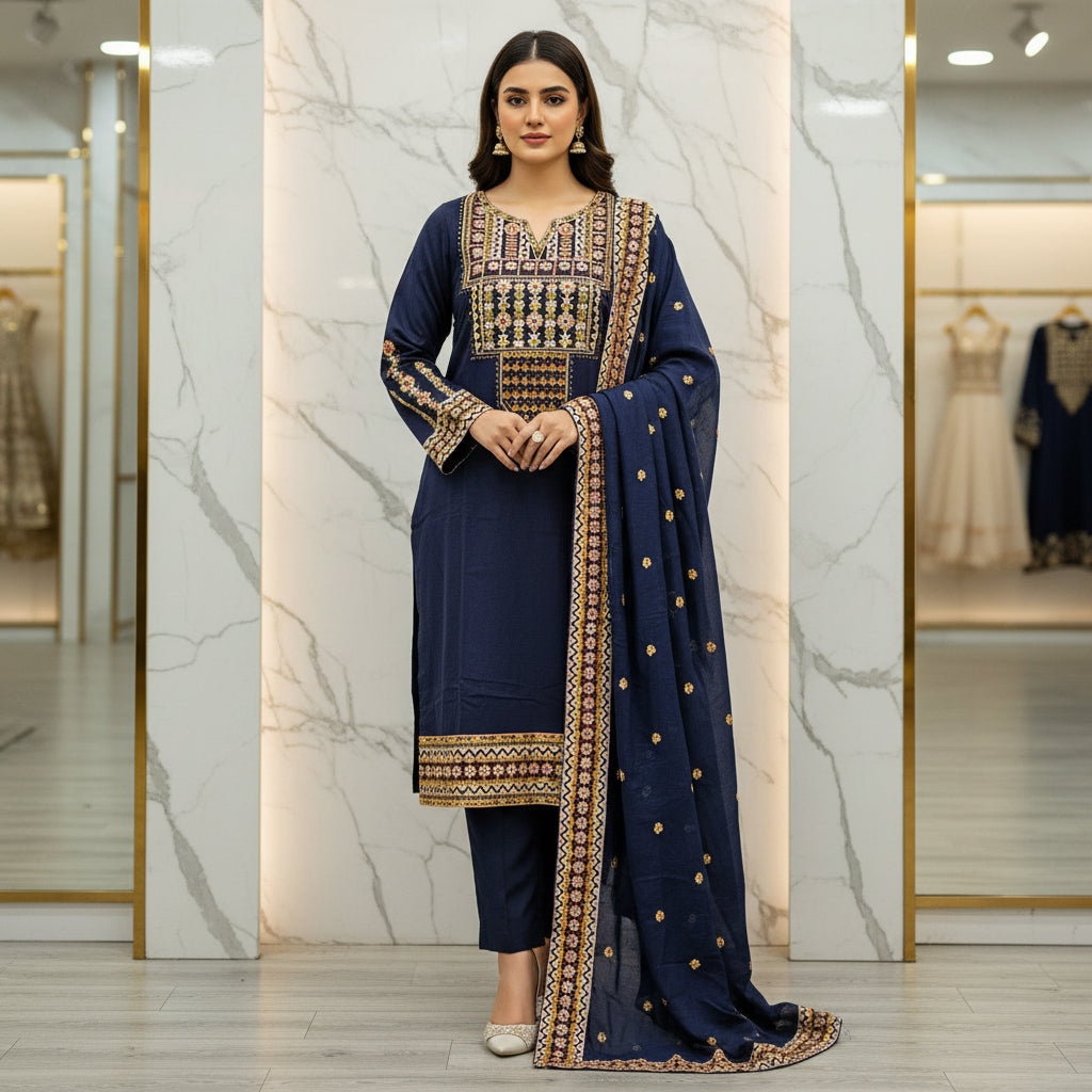 Festival Chroma | Black & Navy Linen Viscose Shalwar Kameez with Multi-Colour Embroidery