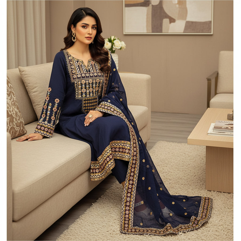 Festival Chroma | Black & Navy Linen Viscose Shalwar Kameez with Multi-Colour Embroidery