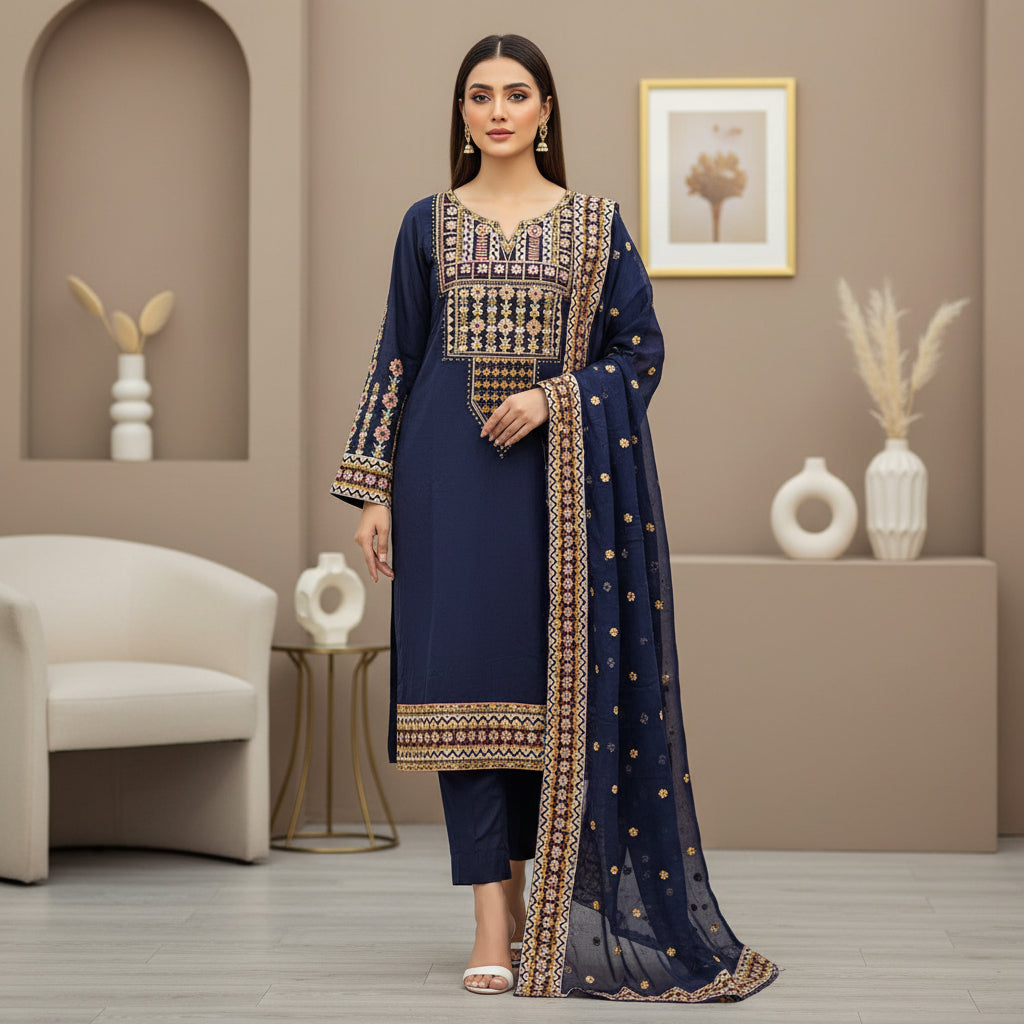 Festival Chroma | Black & Navy Linen Viscose Shalwar Kameez with Multi-Colour Embroidery