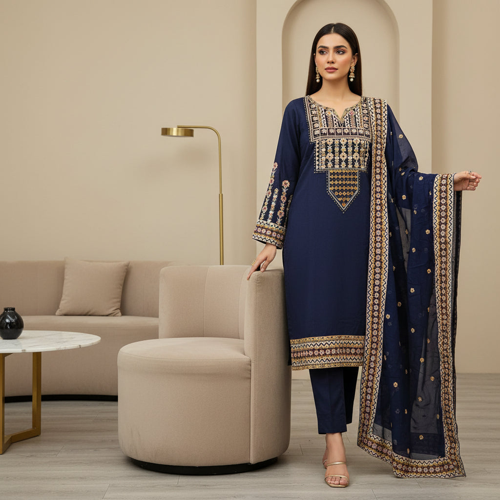 Festival Chroma | Black & Navy Linen Viscose Shalwar Kameez with Multi-Colour Embroidery