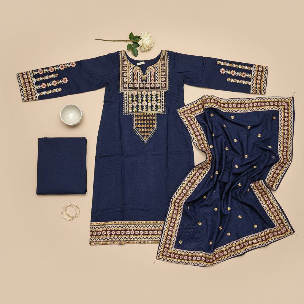 Festival Chroma | Black & Navy Linen Viscose Shalwar Kameez with Multi-Colour Embroidery