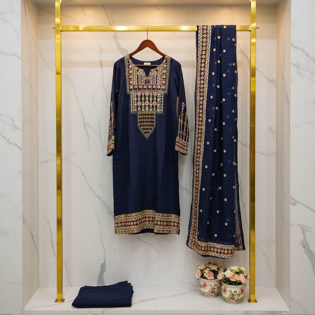 Festival Chroma | Black & Navy Linen Viscose Shalwar Kameez with Multi-Colour Embroidery