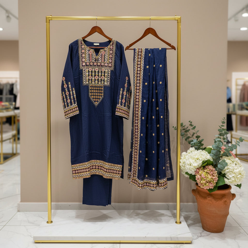 Festival Chroma | Black & Navy Linen Viscose Shalwar Kameez with Multi-Colour Embroidery