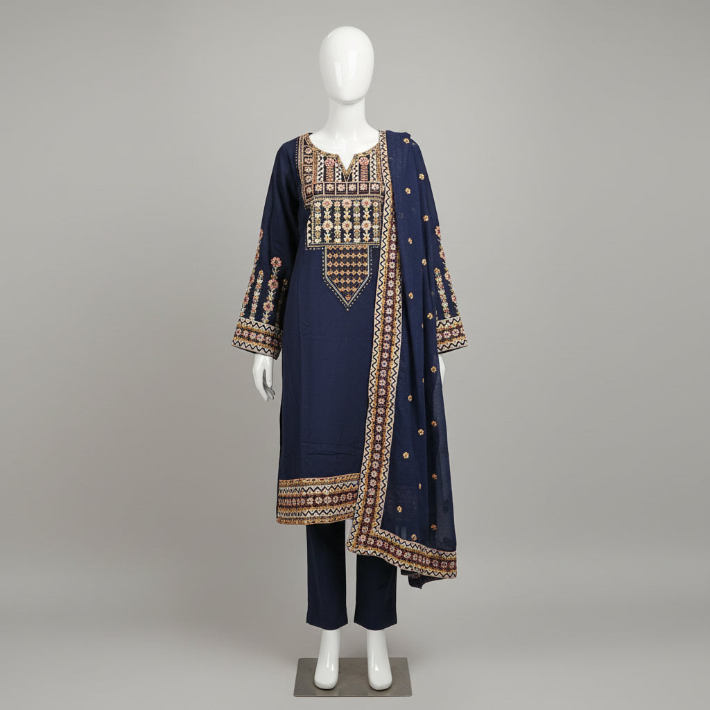 Festival Chroma | Black & Navy Linen Viscose Shalwar Kameez with Multi-Colour Embroidery