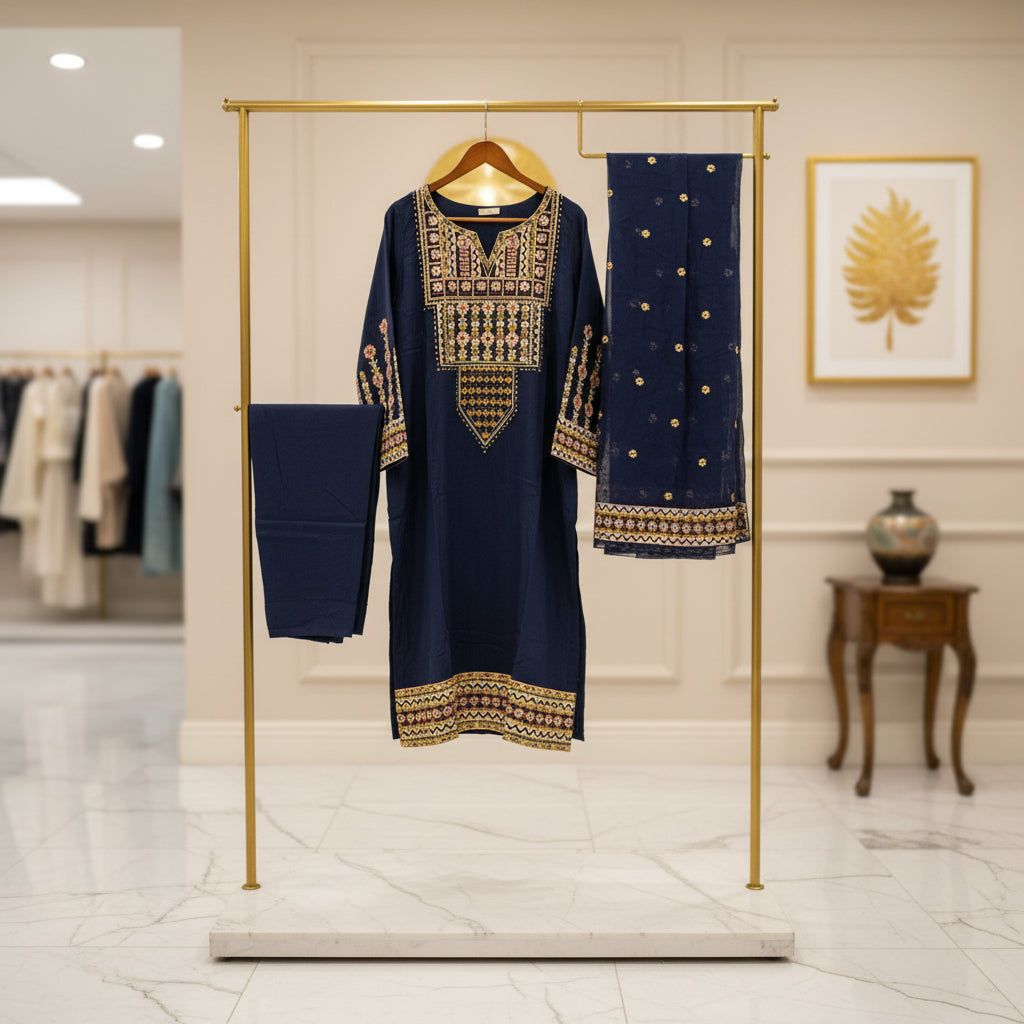 Festival Chroma | Black & Navy Linen Viscose Shalwar Kameez with Multi-Colour Embroidery