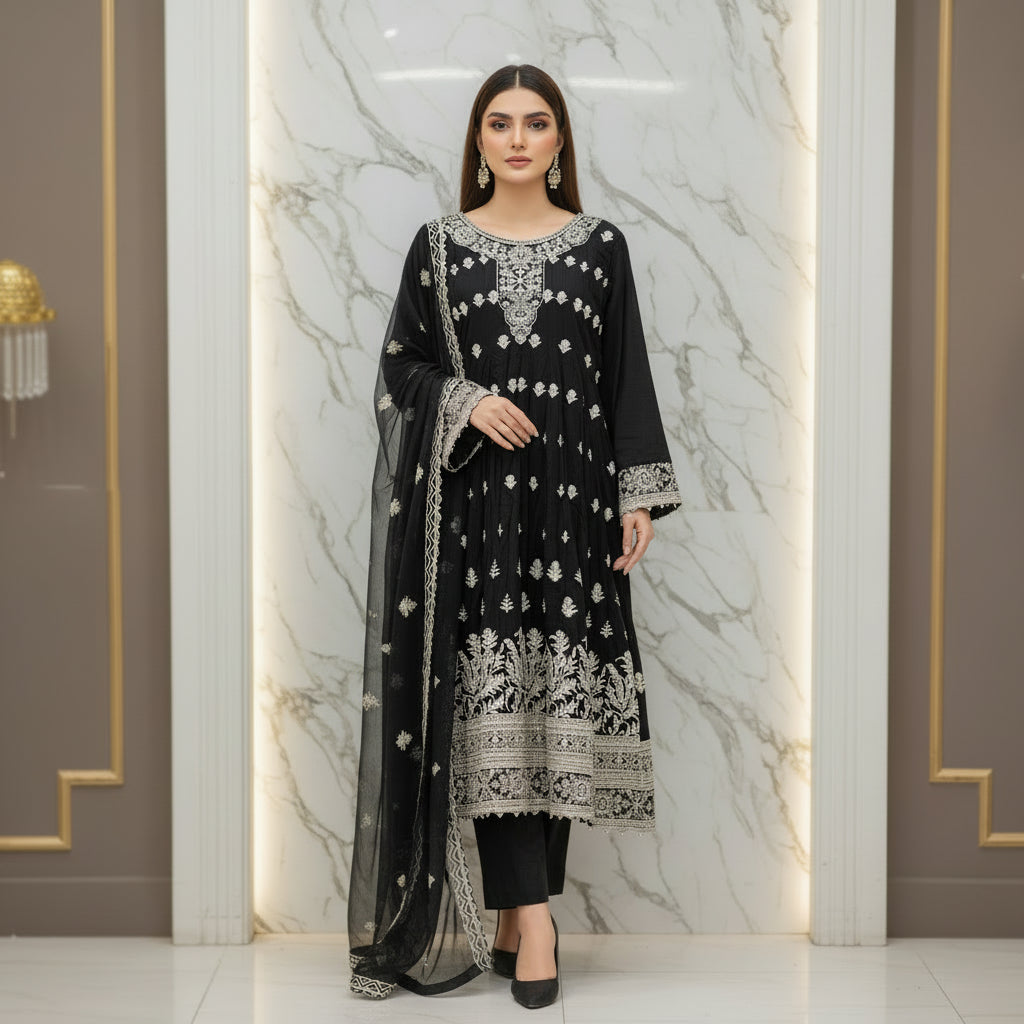 Royal Embroiderie | 4-Color Linen Viscose Embroidered Dress Set