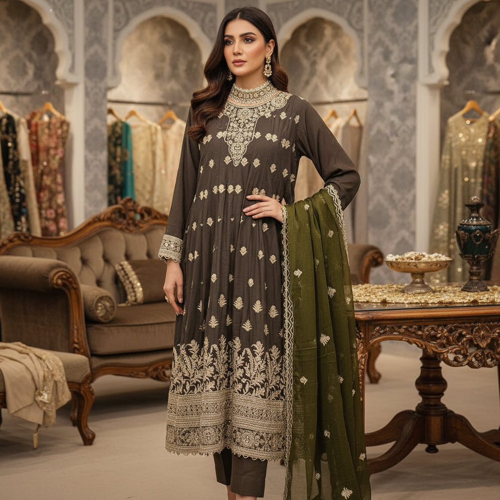 Royal Embroiderie | 4-Color Linen Viscose Embroidered Dress Set