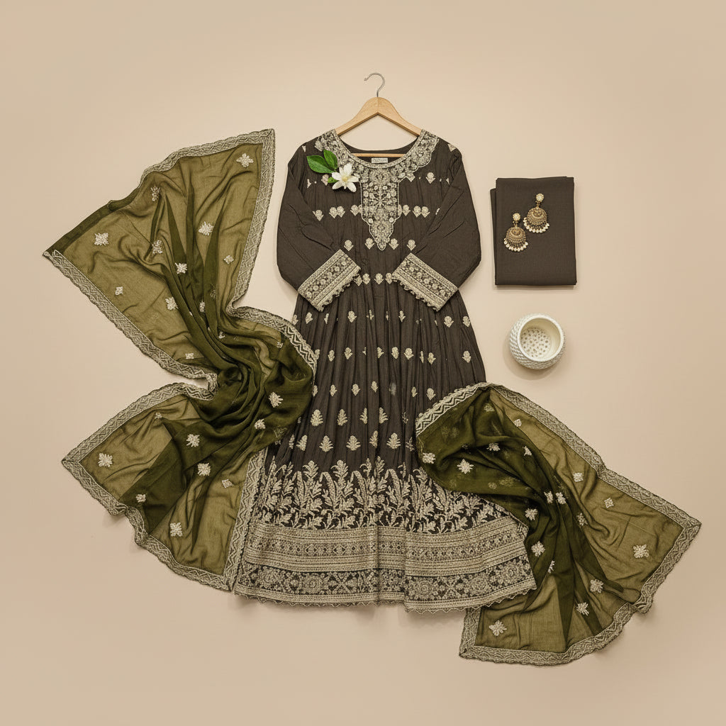 Royal Embroiderie | 4-Color Linen Viscose Embroidered Dress Set