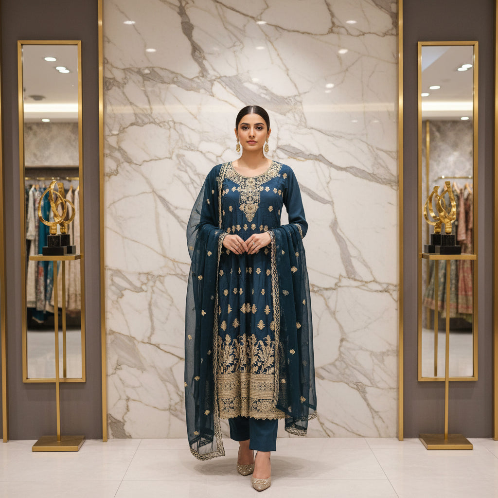 Royal Embroiderie | 4-Color Linen Viscose Embroidered Dress Set