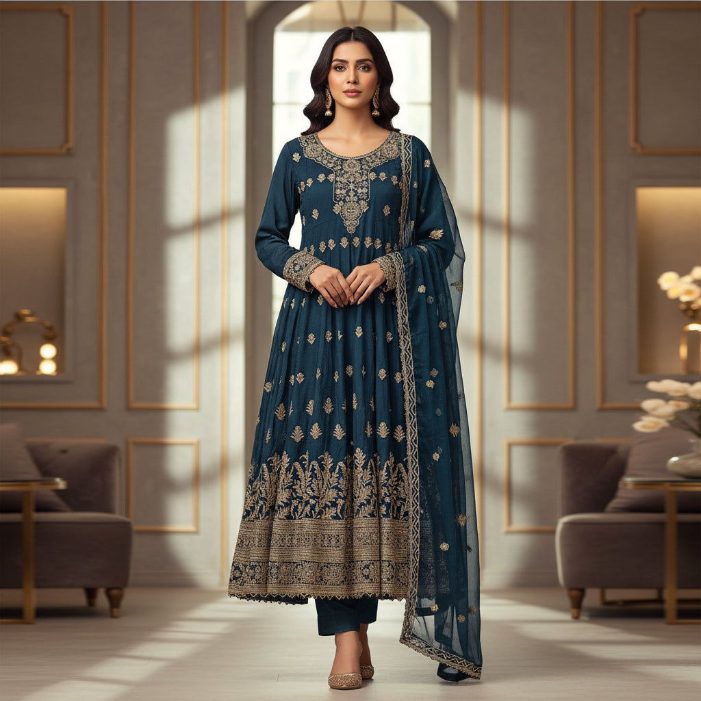 Royal Embroiderie | 4-Color Linen Viscose Embroidered Dress Set